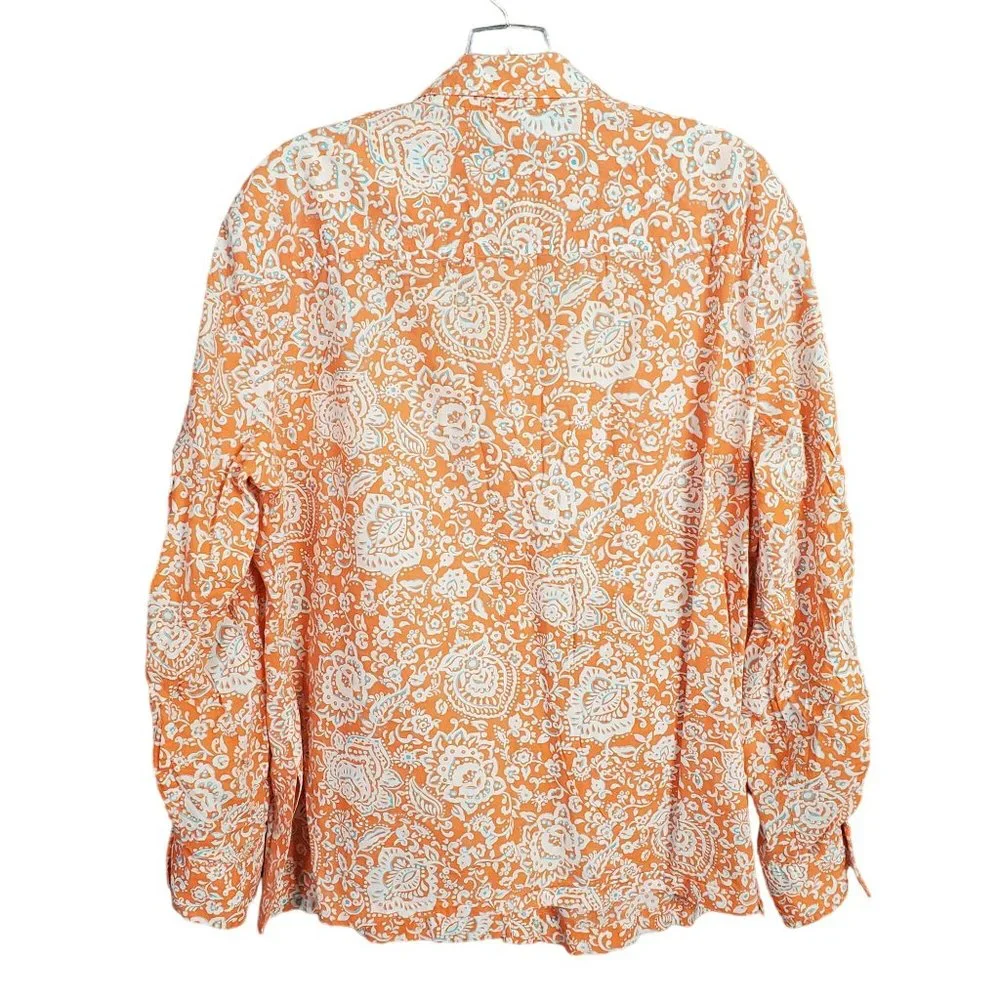 JNY Signature Sz XL Blouse Button Front Floral Roll Tab Cotton Side Vents Orange - Picture 2 of 14